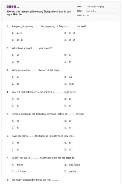 500 câu trắc nghiệm giới từ trong Tiếng Anh có đáp án cực hay - Phần 16