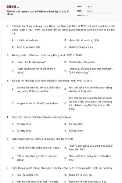 700 câu trắc nghiệm Lịch Sử Việt Nam hiện đại có đáp án (P13)