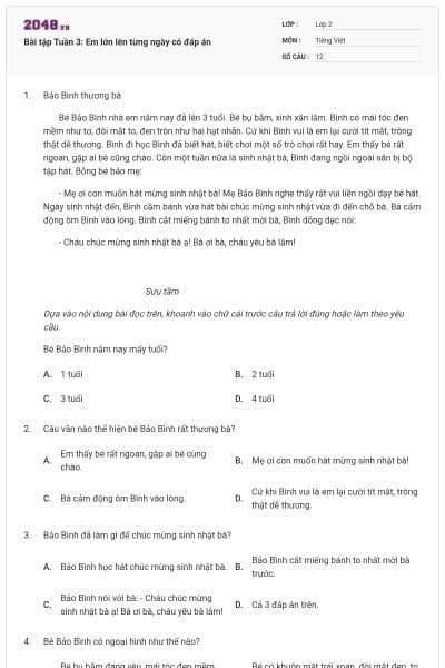 Bài tập Tuần 3: Em lớn lên từng ngày có đáp án