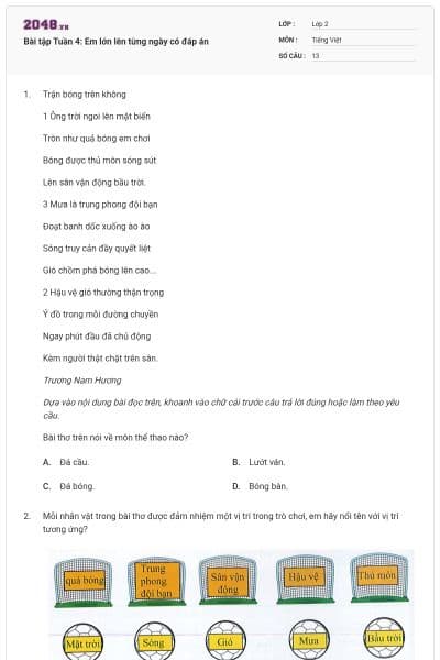 Bài tập Tuần 4: Em lớn lên từng ngày có đáp án