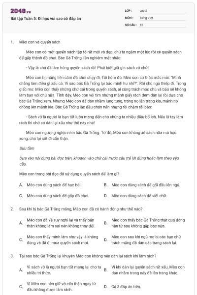 Bài tập Tuần 5: Đi học vui sao có đáp án