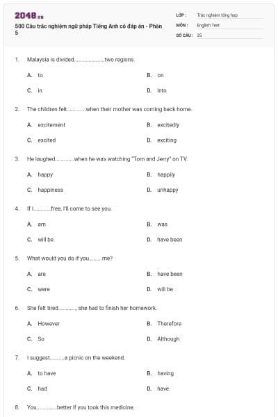 500 Câu trắc nghiệm ngữ pháp Tiếng Anh có đáp án - Phần 5