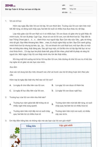 Bài tập Tuần 6: Đi học vui sao có đáp án