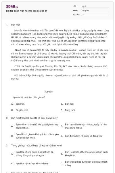 Bài tập Tuần 7: Đi học vui sao có đáp án