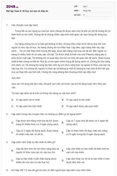 Bài tập Tuần 8: Đi học vui sao có đáp án