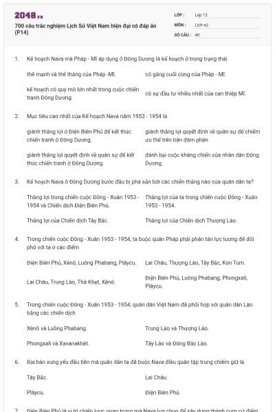 700 câu trắc nghiệm Lịch Sử Việt Nam hiện đại có đáp án (P14)