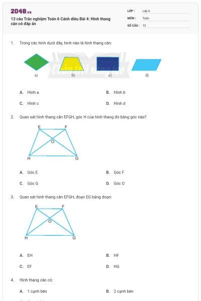 13 câu Trắc nghiệm Toán 6 Cánh diều Bài 4: Hình thang cân có đáp án