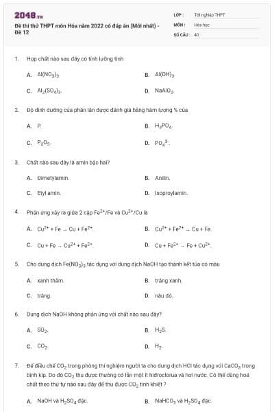 Đề thi thử THPT môn Hóa năm 2022 có đáp án (Mới nhất) - Đề 12