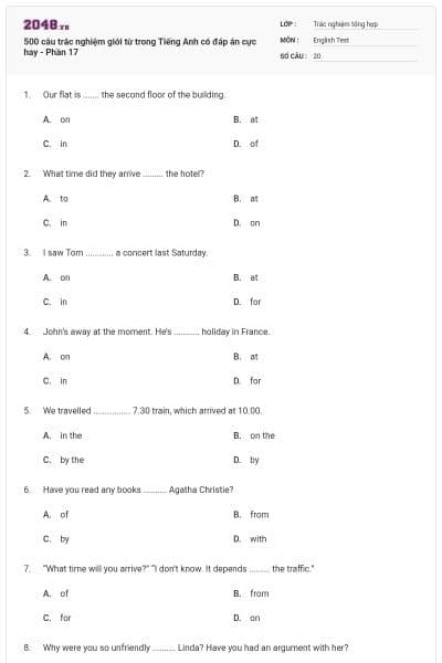 500 câu trắc nghiệm giới từ trong Tiếng Anh có đáp án cực hay - Phần 17