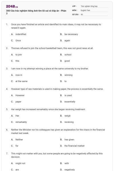 300 Câu trắc nghiệm tiếng Anh tìm lỗi sai có đáp án - Phần 3