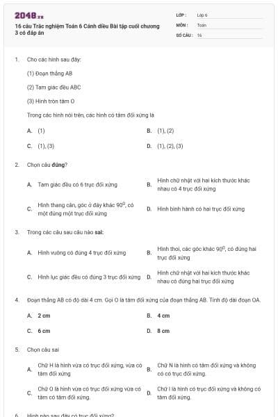 16 câu Trắc nghiệm Toán 6 Cánh diều Bài tập cuối chương 3 có đáp án