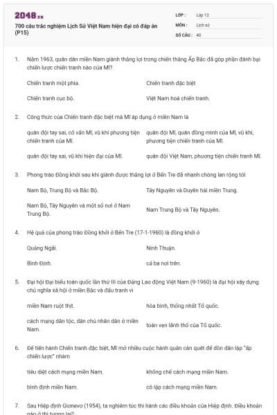 700 câu trắc nghiệm Lịch Sử Việt Nam hiện đại có đáp án (P15)