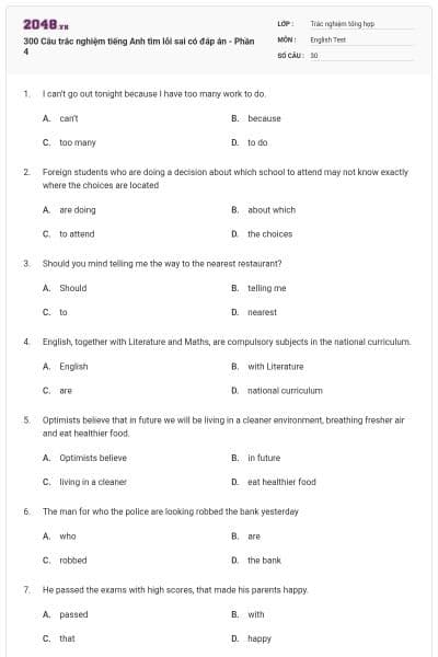 300 Câu trắc nghiệm tiếng Anh tìm lỗi sai có đáp án - Phần 4