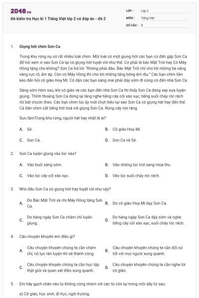 Đề kiểm tra Học kì 1 Tiếng Việt lớp 2 có đáp án - đề 2