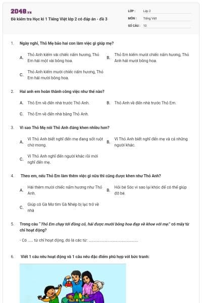 Đề kiểm tra Học kì 1 Tiếng Việt lớp 2 có đáp án - đề 3