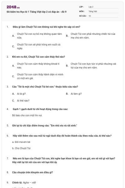 Đề kiểm tra Học kì 1 Tiếng Việt lớp 2 có đáp án - đề 9