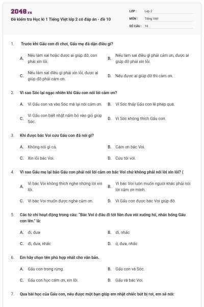 Đề kiểm tra Học kì 1 Tiếng Việt lớp 2 có đáp án - đề 10