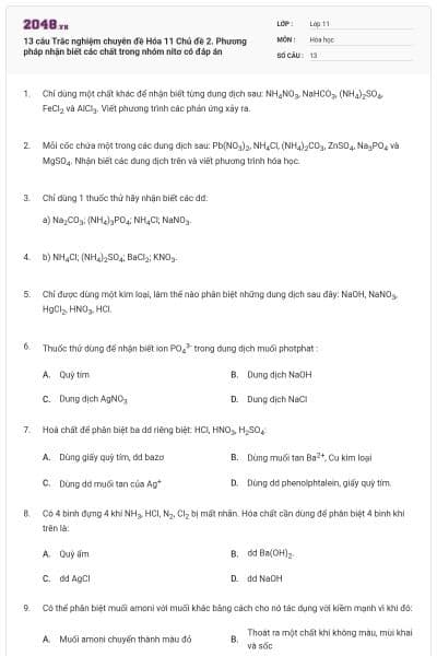 13 câu Trắc nghiệm chuyên đề Hóa 11 Chủ đề 2. Phương pháp nhận biết các chất trong nhóm nitơ có đáp án