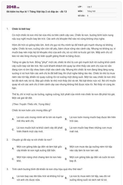 Đề kiểm tra Học kì 1 Tiếng Việt lớp 2 có đáp án - đề 13