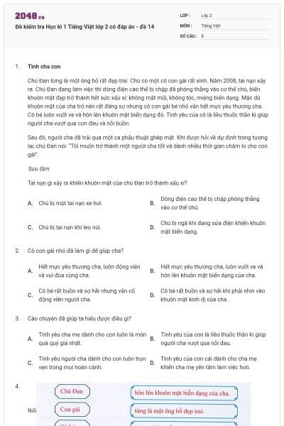 Đề kiểm tra Học kì 1 Tiếng Việt lớp 2 có đáp án - đề 14