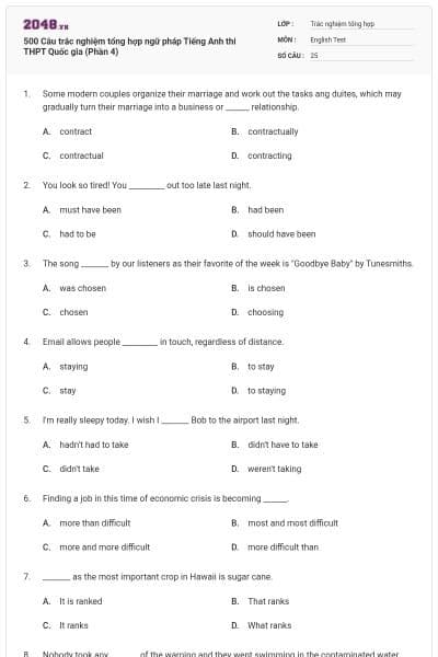 500 Câu trắc nghiệm tổng hợp ngữ pháp Tiếng Anh thi THPT Quốc gia (Phần 4)