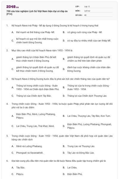 700 câu trắc nghiệm Lịch Sử Việt Nam hiện đại có đáp án (P14)