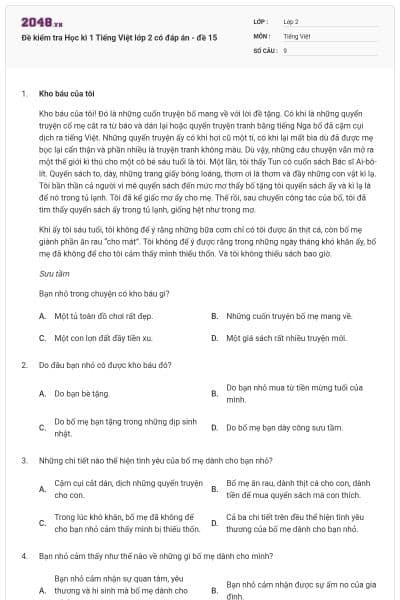 Đề kiểm tra Học kì 1 Tiếng Việt lớp 2 có đáp án - đề 15