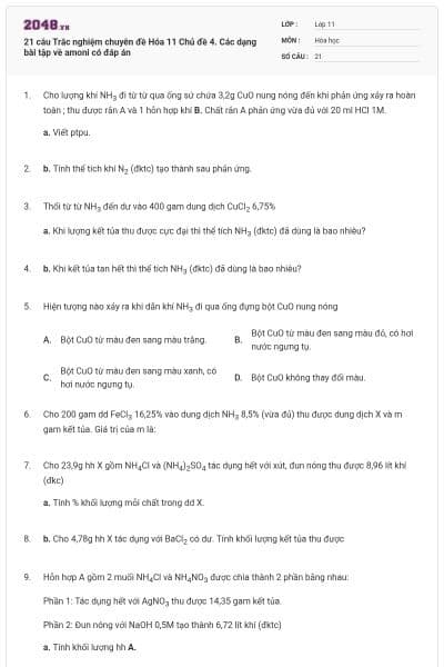 21 câu Trắc nghiệm chuyên đề Hóa 11 Chủ đề 4. Các dạng bài tập về amoni có đáp án