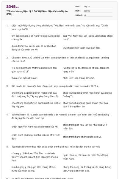 700 câu trắc nghiệm Lịch Sử Việt Nam hiện đại có đáp án (P16)