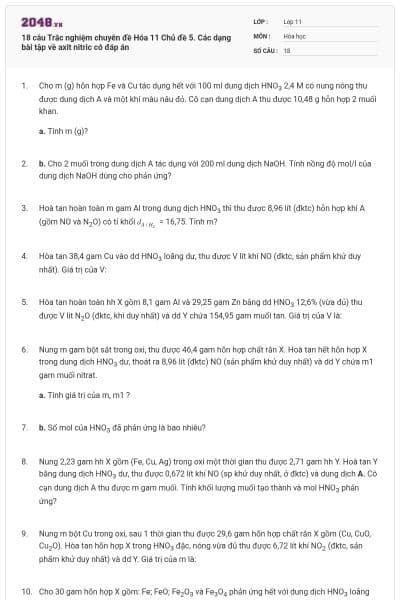 18 câu Trắc nghiệm chuyên đề Hóa 11 Chủ đề 5. Các dạng bài tập về axit nitric có đáp án