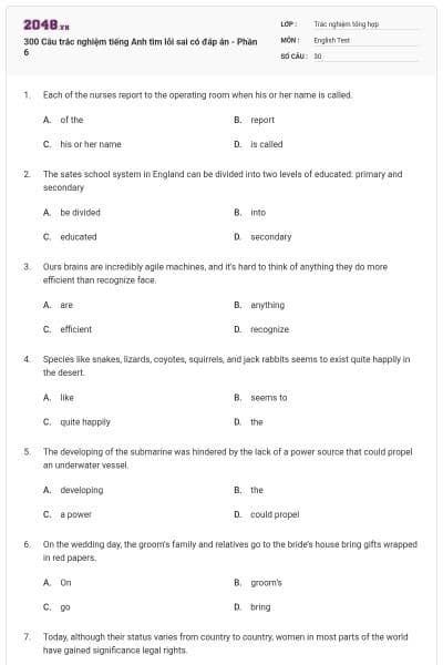 300 Câu trắc nghiệm tiếng Anh tìm lỗi sai có đáp án - Phần 6