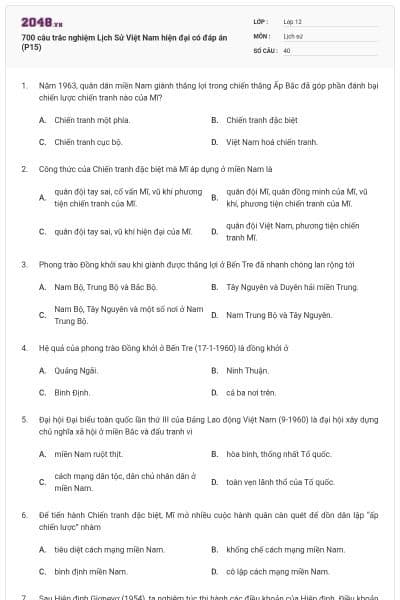700 câu trắc nghiệm Lịch Sử Việt Nam hiện đại có đáp án (P15)