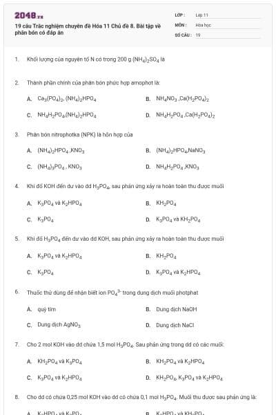19 câu Trắc nghiệm chuyên đề Hóa 11 Chủ đề 8. Bài tập về phân bón có đáp án