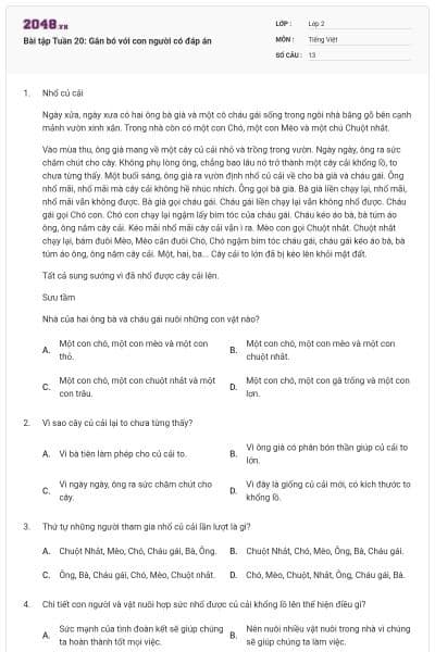 Bài tập Tuần 20: Gắn bó với con người có đáp án