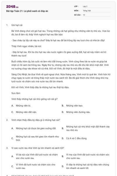 Bài tập Tuần 21: Lá phổi xanh có đáp án