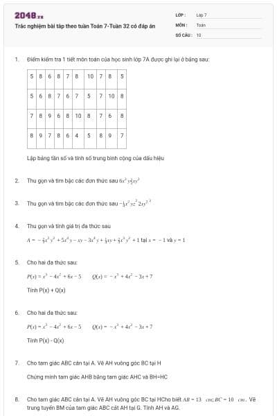Trắc nghiệm bài tâp theo tuần Toán 7-Tuần 32 có đáp án