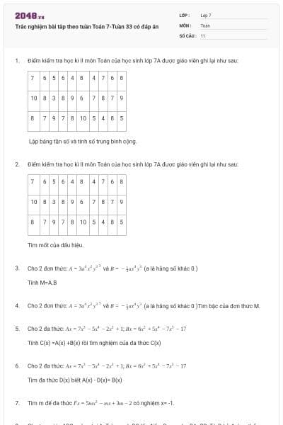 Trắc nghiệm bài tâp theo tuần Toán 7-Tuần 33 có đáp án