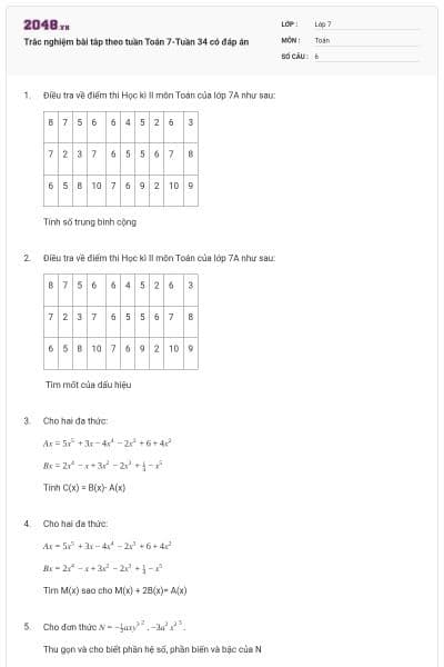 Trắc nghiệm bài tâp theo tuần Toán 7-Tuần 34 có đáp án