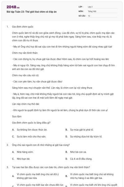 Bài tập Tuần 23: Thế giới lòai chim có đáp án