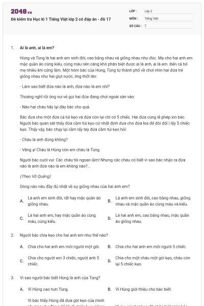 Đề kiểm tra Học kì 1 Tiếng Việt lớp 2 có đáp án - đề 17