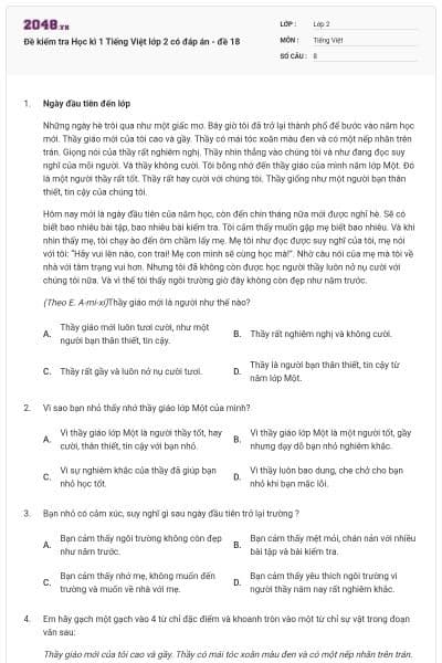 Đề kiểm tra Học kì 1 Tiếng Việt lớp 2 có đáp án - đề 18