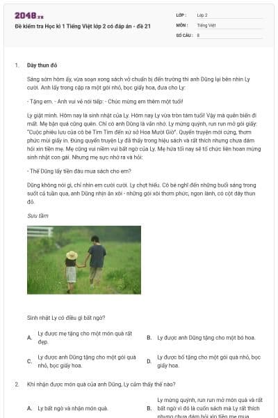 Đề kiểm tra Học kì 1 Tiếng Việt lớp 2 có đáp án - đề 21