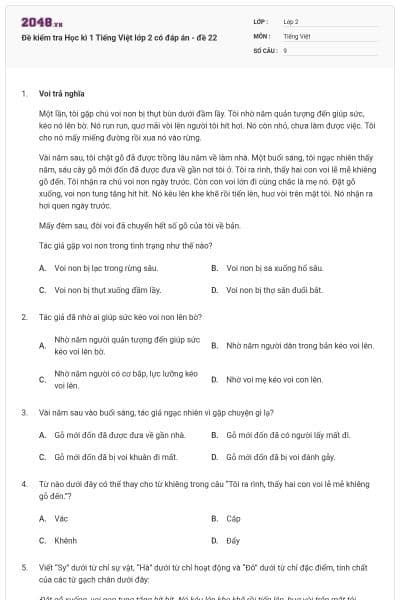 Đề kiểm tra Học kì 1 Tiếng Việt lớp 2 có đáp án - đề 22