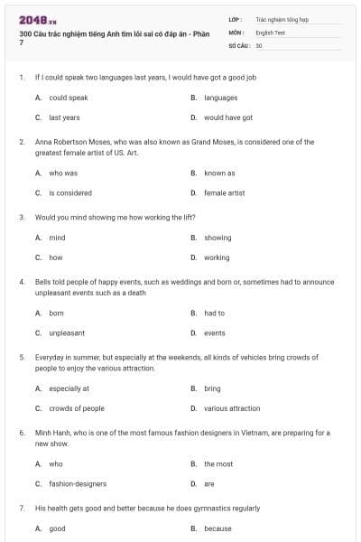 300 Câu trắc nghiệm tiếng Anh tìm lỗi sai có đáp án - Phần 7