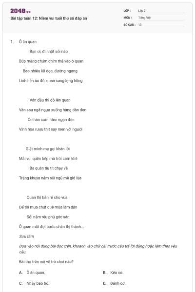 Bài tập tuần 12: Niềm vui tuổi thơ có đáp án