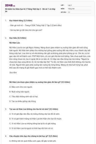 Đề kiểm tra Giữa học kì 2 Tiếng Việt lớp 2 - Đề số 1 có đáp án