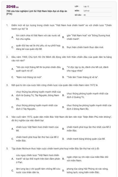 700 câu trắc nghiệm Lịch Sử Việt Nam hiện đại có đáp án (P16)