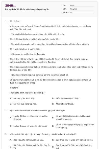 Bài tập Tuần 26: Muôn loài chung sống có đáp án