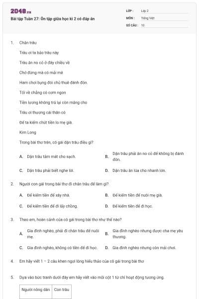 Bài tập Tuần 27: Ôn tập giữa học kì 2 có đáp án