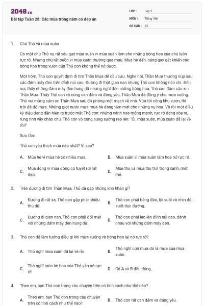 Bài tập Tuần 28: Các mùa trong năm có đáp án